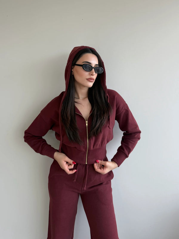 Bordo %100 Pamuk Kapüşonlu Fitilli Takım - 51232