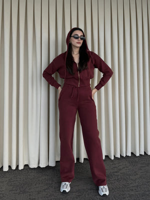 Bordo %100 Pamuk Kapüşonlu Fitilli Takım - 51232