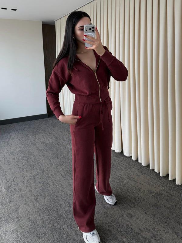 Bordo %100 Pamuk Kapüşonlu Fitilli Takım - 51232