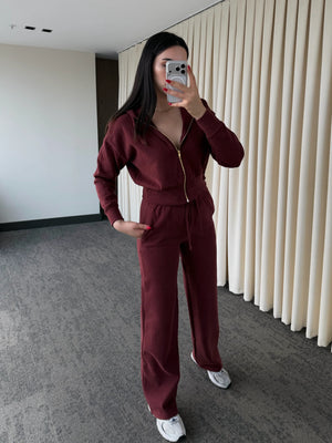 Bordo %100 Pamuk Kapüşonlu Fitilli Takım - 51232