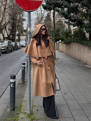 Camel Çıkarılabilir Kapüşon Detaylı Pelerinli Trençkot - 85179