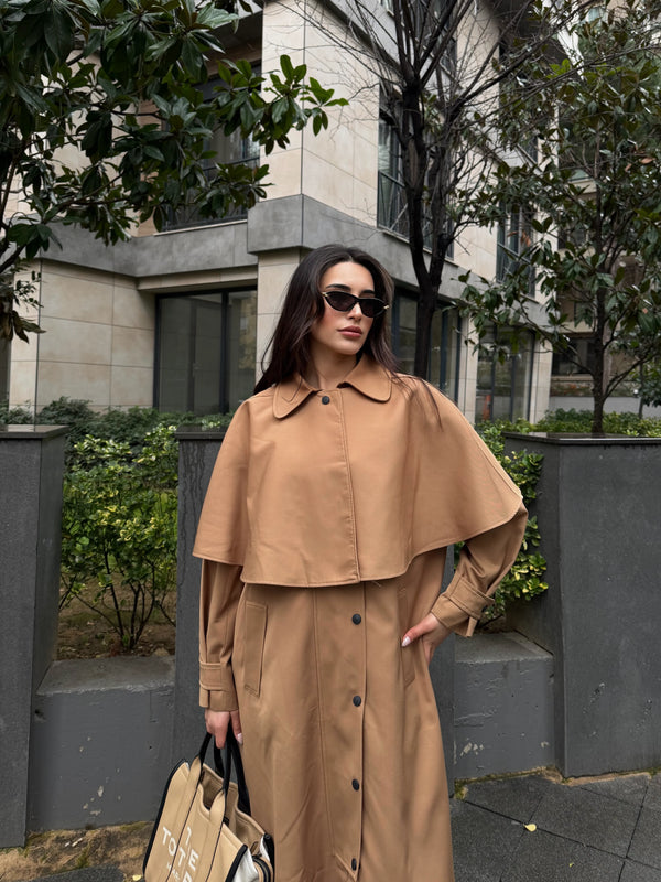 Camel Çıkarılabilir Kapüşon Detaylı Pelerinli Trençkot - 85179