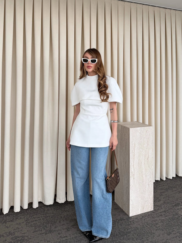 Beyaz Pelerinli Straplez Bluz - 1101