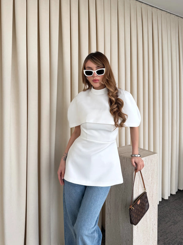 Beyaz Pelerinli Straplez Bluz - 1101