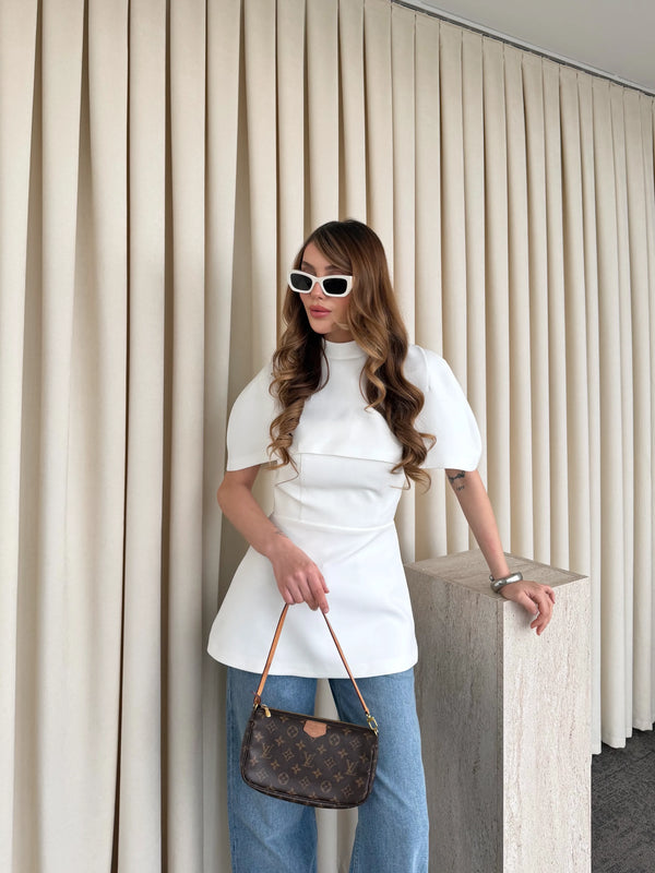 Beyaz Pelerinli Straplez Bluz - 1101