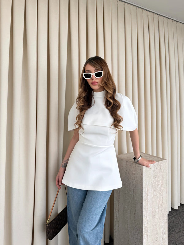 Beyaz Pelerinli Straplez Bluz - 1101