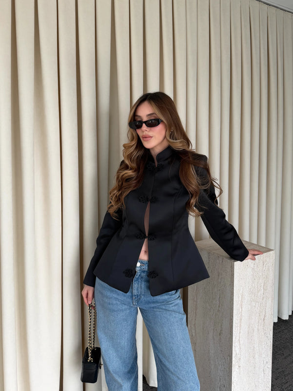 Siyah Tasarım Düğmeli Parlak Kumaş Military Ceket - 1411