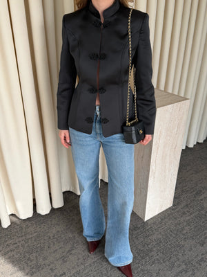 Siyah Tasarım Düğmeli Parlak Kumaş Military Ceket - 1411