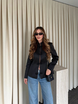 Siyah Tasarım Düğmeli Parlak Kumaş Military Ceket - 1411