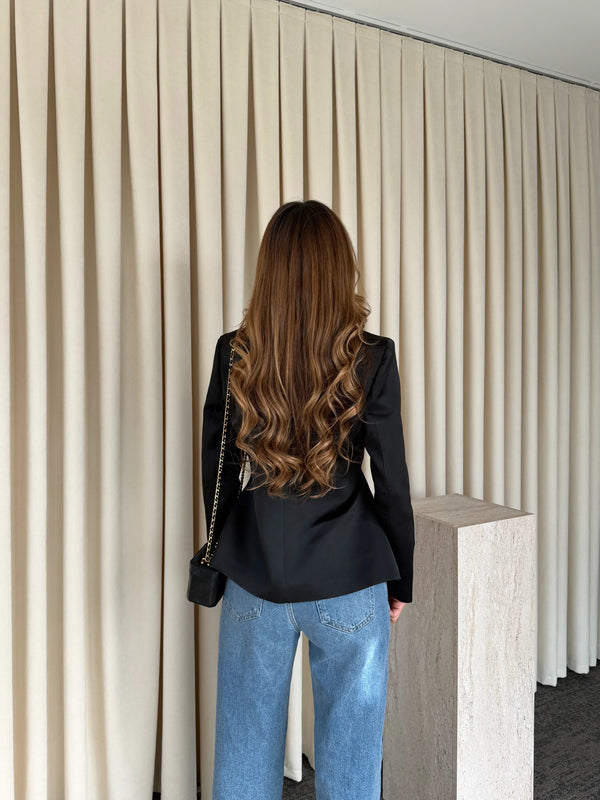 Siyah Tasarım Düğmeli Parlak Kumaş Military Ceket - 1411