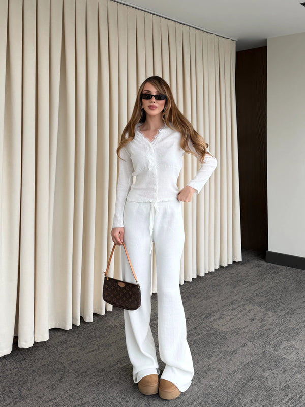 Ekru Dantelli İkili Triko Takım - 2602