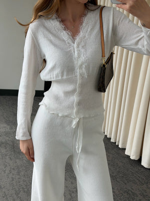 Ekru Dantelli İkili Triko Takım - 2602