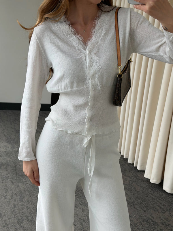 Ekru Dantelli İkili Triko Takım - 2602