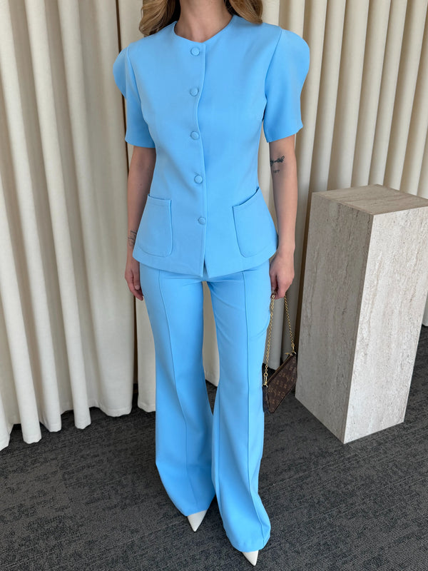 Mavi Balon Kol Düğmeli Ceket Pantolon Takım - 6525