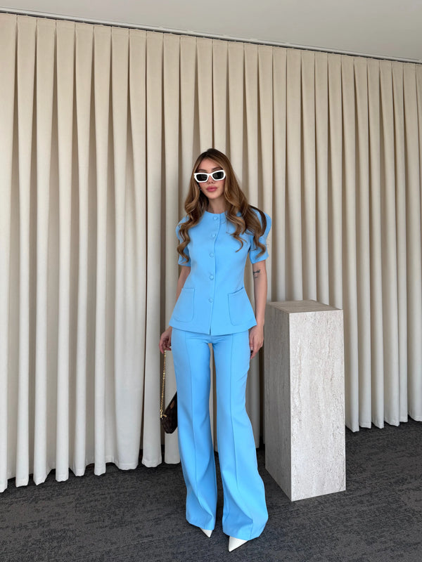 Mavi Balon Kol Düğmeli Ceket Pantolon Takım - 6525