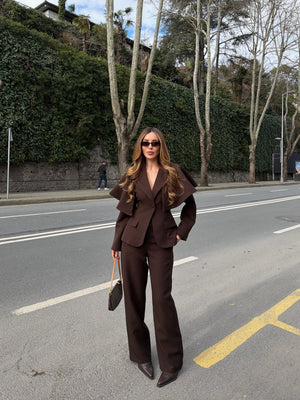 Kahverengi Pelerin Detaylı Ceket Pantolon Takım - 202604