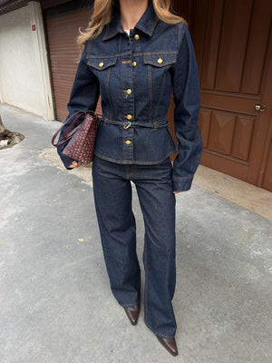 Lacivert Belden Oturtma Denim Ceket Pantolon Takım - 0838