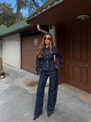 Lacivert Belden Oturtma Denim Ceket Pantolon Takım - 0838