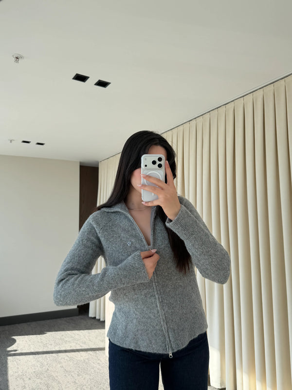 Gri Balıkçı Yaka Çift Fermuarlı Hırka - 251108