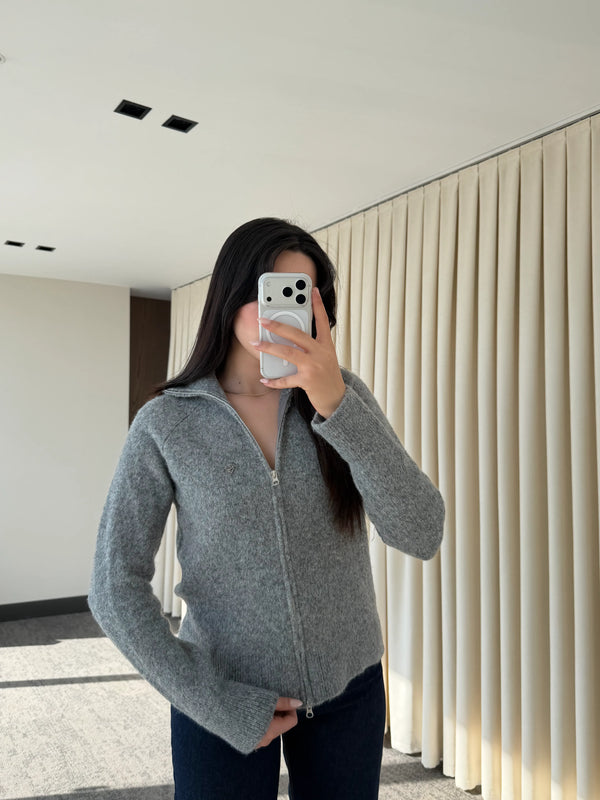 Gri Balıkçı Yaka Çift Fermuarlı Hırka - 251108