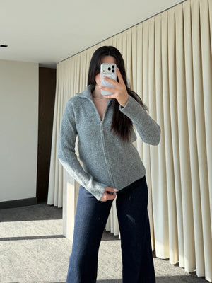 Gri Balıkçı Yaka Çift Fermuarlı Hırka - 251108