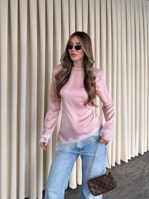 Pembe Saten Asimetrik Dantelli Bluz - 0320