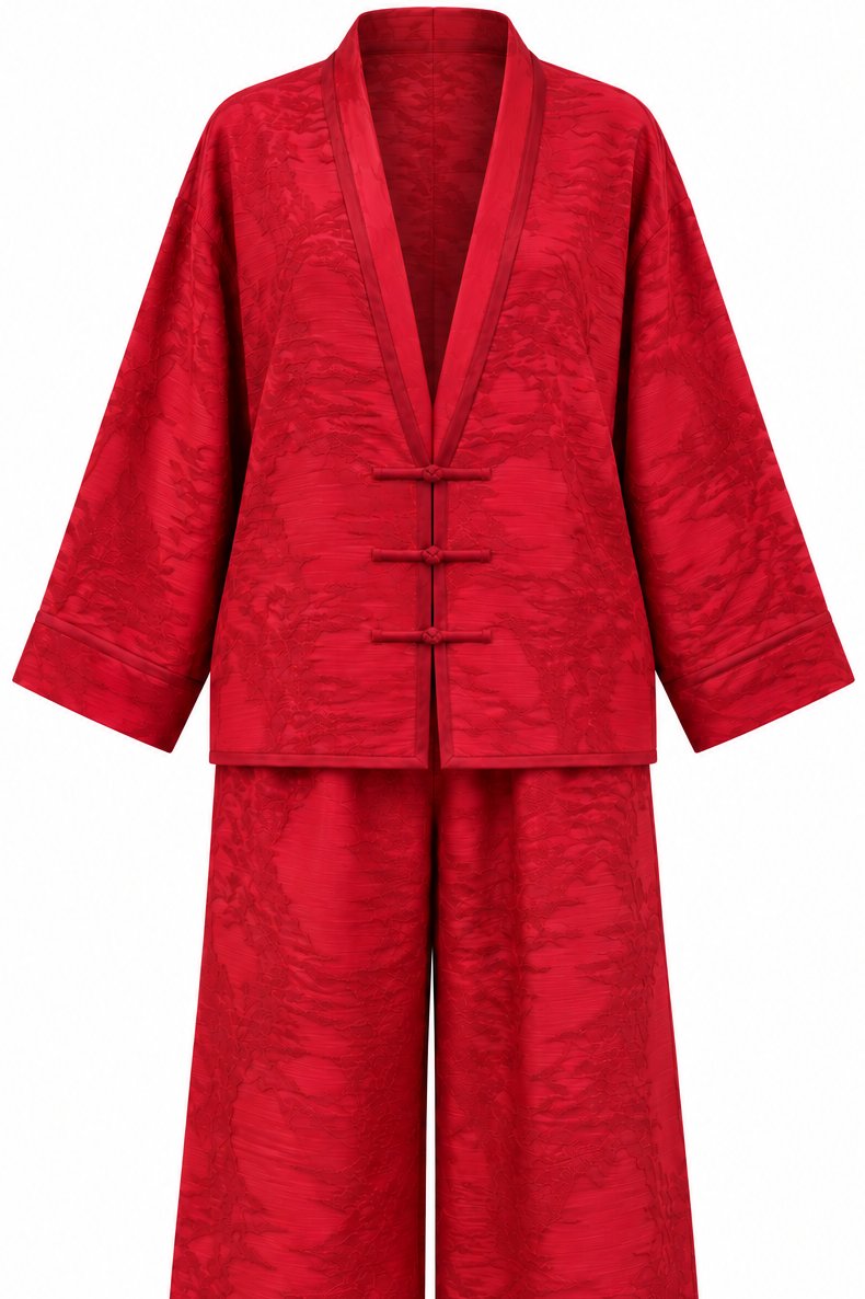 Kırmızı Jakarlı Kimono Takım - 51479