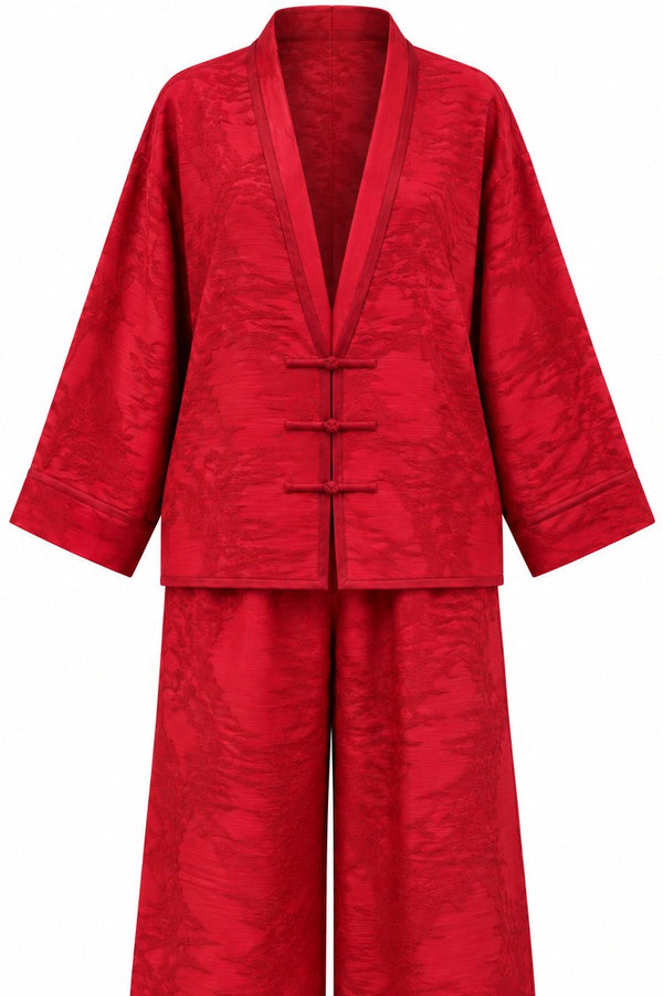 Kırmızı Jakarlı Kimono Takım - 51479