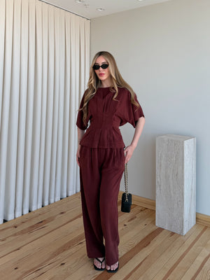 Bordo Yarasa Kol Belden Oturtma Bluz Salaş Pantolon Takım - 650008