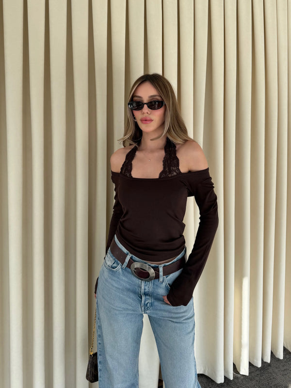 Kahverengi Boyundan Dantelli Bluz - 261017