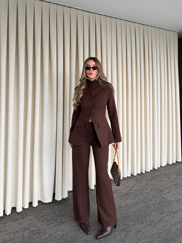 Kahverengi Hakim Yaka Ceket Pantolon Takım - 7100