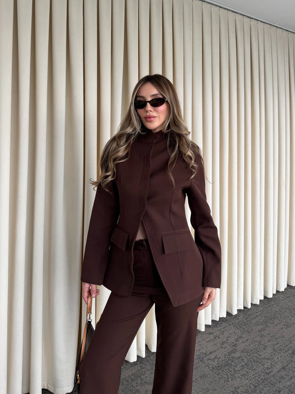 Kahverengi Hakim Yaka Ceket Pantolon Takım - 7100