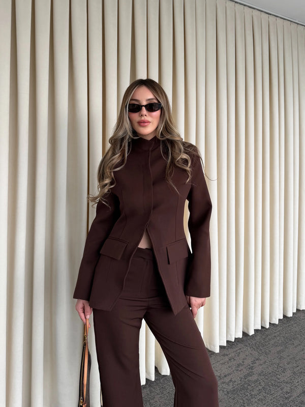 Kahverengi Hakim Yaka Ceket Pantolon Takım - 7100