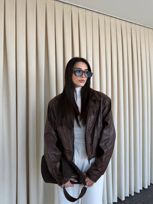 Kahverengi Fermuarlı Deri Ceket - 2617