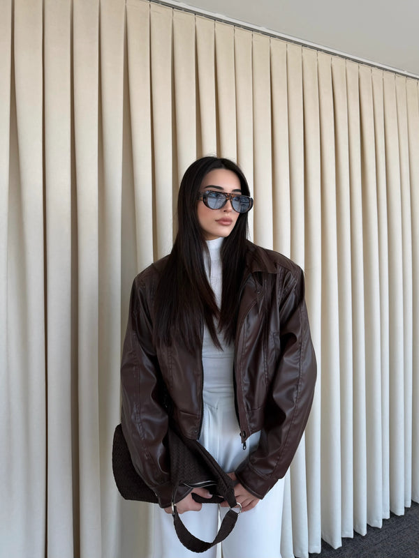 Kahverengi Fermuarlı Deri Ceket - 2617