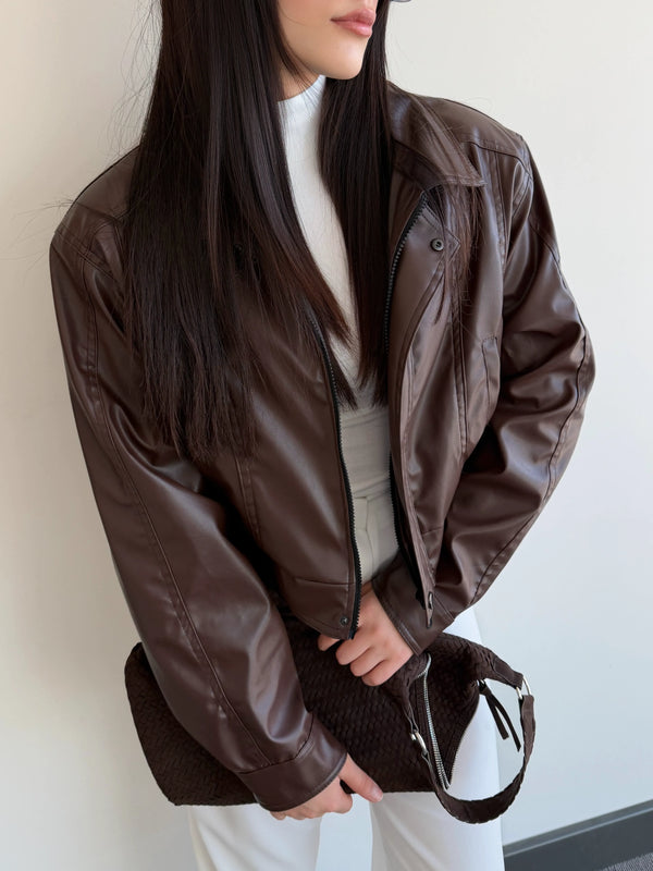 Kahverengi Fermuarlı Deri Ceket - 2617