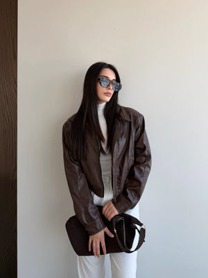 Kahverengi Fermuarlı Deri Ceket - 2617