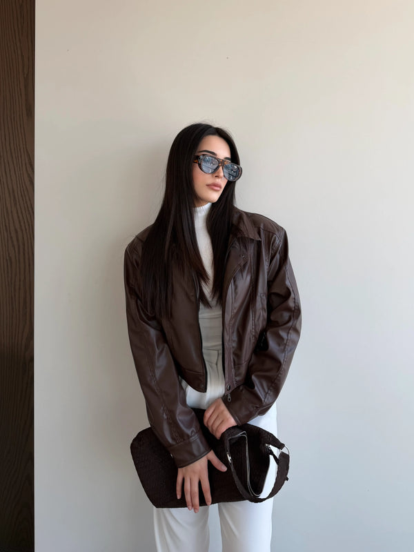 Kahverengi Fermuarlı Deri Ceket - 2617