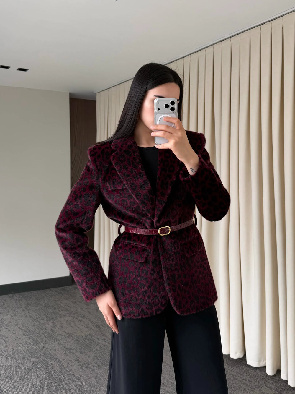 Bordo Leopar Kemerli Ceket - 9614