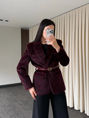 Bordo Leopar Kemerli Ceket - 9614