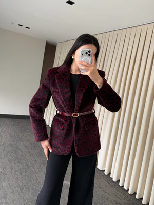 Bordo Leopar Kemerli Ceket - 9614