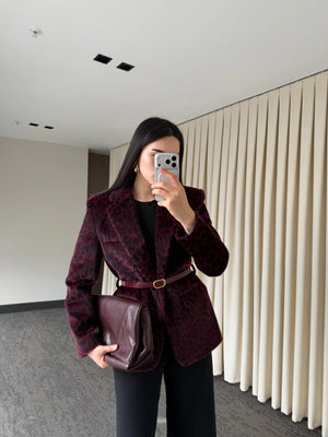 Bordo Leopar Kemerli Ceket - 9614