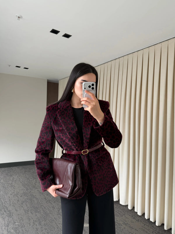 Bordo Leopar Kemerli Ceket - 9614