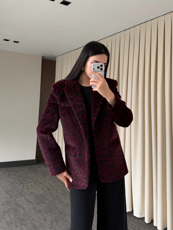 Bordo Leopar Kemerli Ceket - 9614
