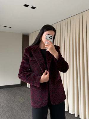 Bordo Leopar Kemerli Ceket - 9614