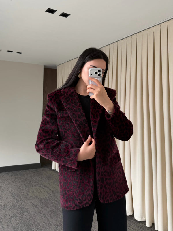 Bordo Leopar Kemerli Ceket - 9614