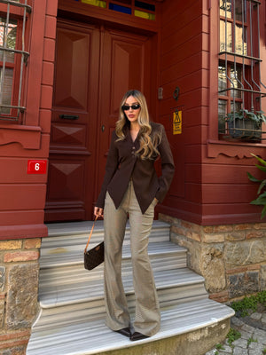 Kahverengi Mini Kazayağı Desenli İspanyol Paça Pantolon - 4127