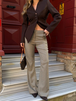 Kahverengi Mini Kazayağı Desenli İspanyol Paça Pantolon - 4127