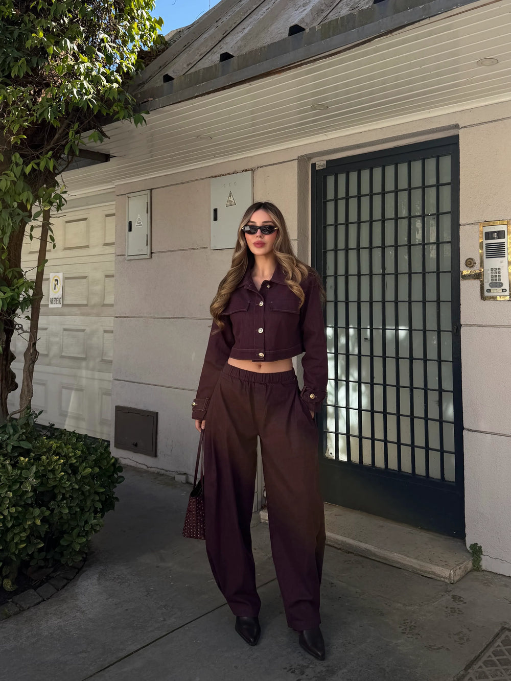 Mürdüm Kot Crop Ceket Pantolon Takım - 51244