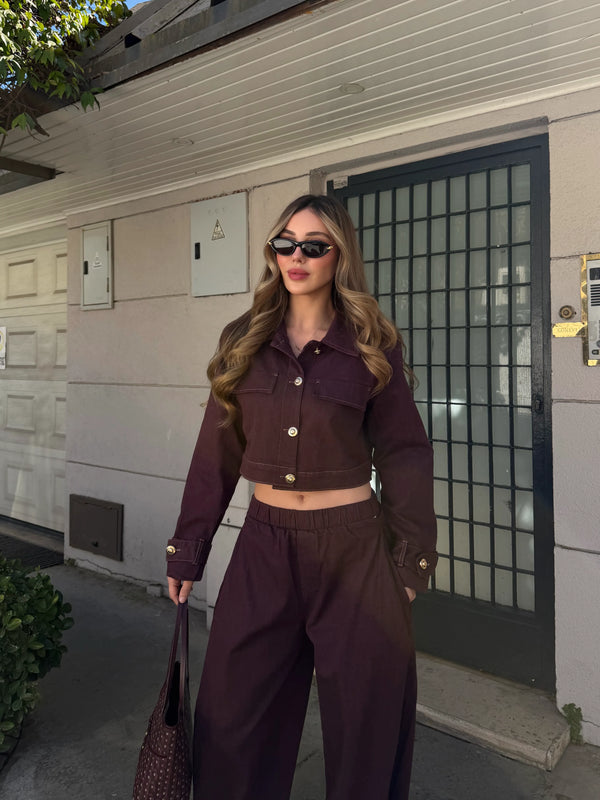 Mürdüm Kot Crop Ceket Pantolon Takım - 51244